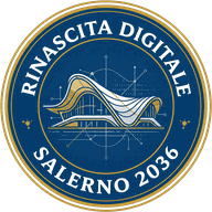 Sigillo del Movimento: la copertura della stazione marittima di Salerno, con la scritta Rinascita Digitale Salerno 2036